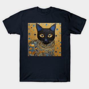 Klimt Black Cat in Elegant Blue and Gold Robe T-Shirt